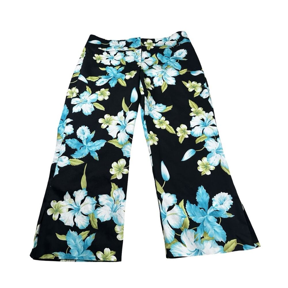 Cache Tropical Floral Wide Leg Crop Pants Women Black Blue Hibiscus Sz 12